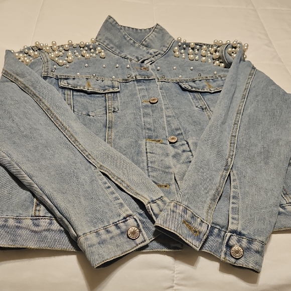 Pearl-Embellished Light Blue Denim Jacket - Women's Jean Jacket - Picture 2 of 4